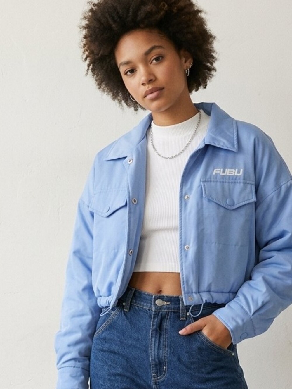 NWT Forever 21 x FUBU Cropped Quilted Jacket Light Blue Size Small